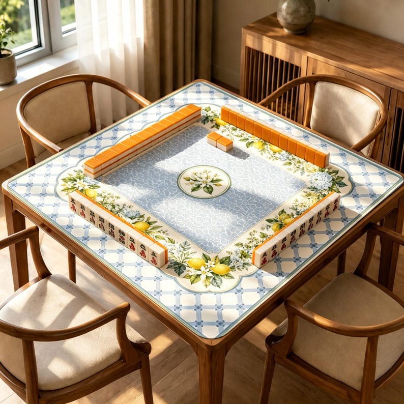 Puede incluir: Una mesa de mahjong cuadrada con un borde de patr&oacute;n de celos&iacute;a en azul claro y blanco, decorada con motivos de limones y flores. El centro tiene una superficie texturizada azul claro con un medall&oacute;n floral. Fichas de mahjong en los bordes.