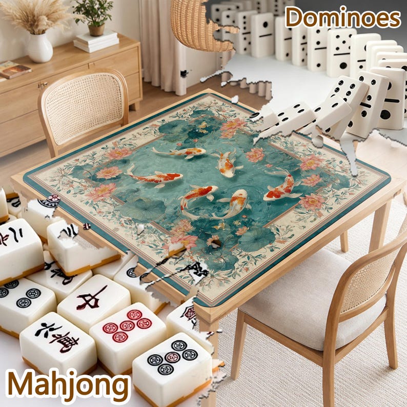 May include: A wooden table with a decorative mat featuring koi carp and floral designs. Mahjong tiles and dominoes are scattered around the table. The word "Mahjong" is displayed at the bottom left, and "Dominoes" is at the top right.