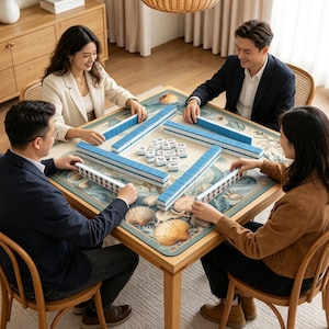 Op de afbeelding: Vier mensen spelen Mahjong rond een houten tafel. De spelstukken zijn blauw en wit en de tafel heeft een thema van schelpen en de oceaan. De tafel is ongeveer 100 cm x 100 cm.