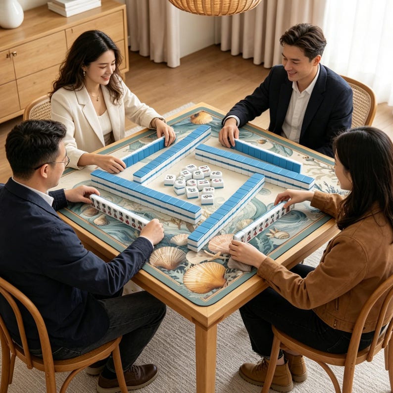 Op de afbeelding: Vier mensen spelen Mahjong rond een houten tafel. De spelstukken zijn blauw en wit en de tafel heeft een thema van schelpen en de oceaan. De tafel is ongeveer 100 cm x 100 cm.