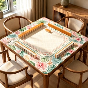 May include: A square wooden table with four chairs, featuring a mahjong mat with a tropical floral and leaf pattern in pink, green, and white. The mat has a central cream-colored square and is set with rows of orange and white mahjong tiles.