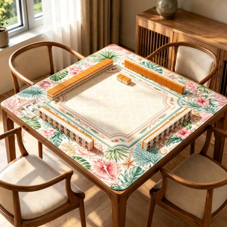 May include: A square wooden table with four chairs, featuring a mahjong mat with a tropical floral and leaf pattern in pink, green, and white. The mat has a central cream-colored square and is set with rows of orange and white mahjong tiles.