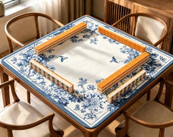 Tapete de Mahjong estilo chinoiserie azul, tapete de juego con peonías florales, mantel de mesa de Mahjong estilo porcelana azul y blanca, tapete de juego de mesa antideslizante de regalo