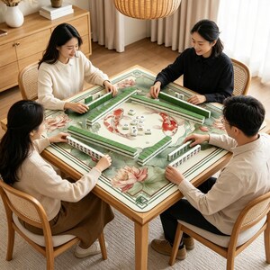 Może przedstawiać: Kwadratowy drewniany st&oacute;ł z nadrukowaną matą przedstawiającą ryby koi i kwiaty lotosu, ustawiony z zielonymi płytkami mahjong w czterech rzędach oraz centralną grupą białych płytek, otoczony czterema krzesłami z oparciami z plecionki.