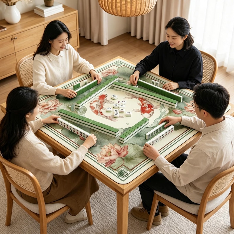Może przedstawiać: Kwadratowy drewniany st&oacute;ł z nadrukowaną matą przedstawiającą ryby koi i kwiaty lotosu, ustawiony z zielonymi płytkami mahjong w czterech rzędach oraz centralną grupą białych płytek, otoczony czterema krzesłami z oparciami z plecionki.
