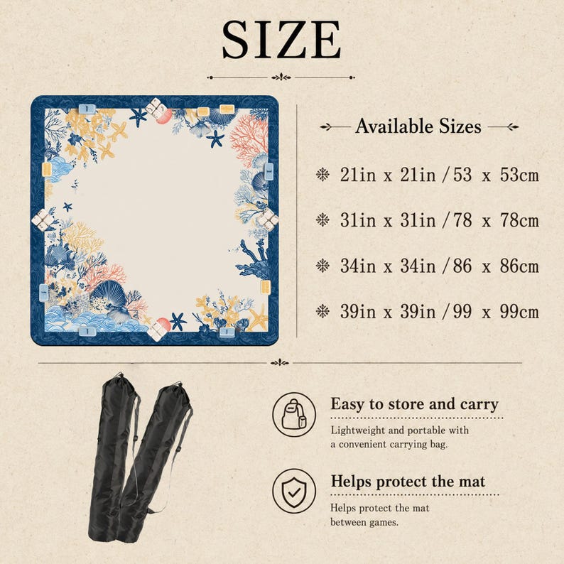 May include: A square mat with a marine-themed design, featuring coral, seashells, and starfish in shades of blue, yellow, and white. Available in sizes from 21 inches to 39 inches. Includes a carrying bag for easy storage and portability.