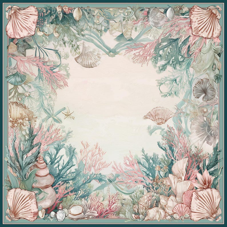 May include: A square scarf featuring a detailed illustration of an underwater scene with various seashells, coral branches, and seaweed in shades of soft pink, muted teal, and cream. The design is framed by a dark teal border with large shells.