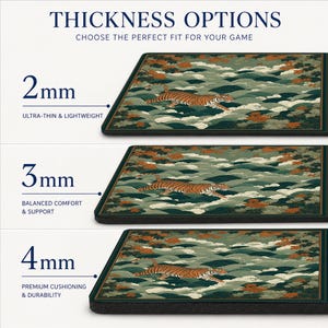 May include: A rectangular desk mat featuring a tiger walking through stylised green waves and orange foliage. The image displays three thickness options: 2mm labelled ultra-thin and lightweight, 3mm labelled balanced comfort and support, and 4mm labelled premium cushioning and durability.
