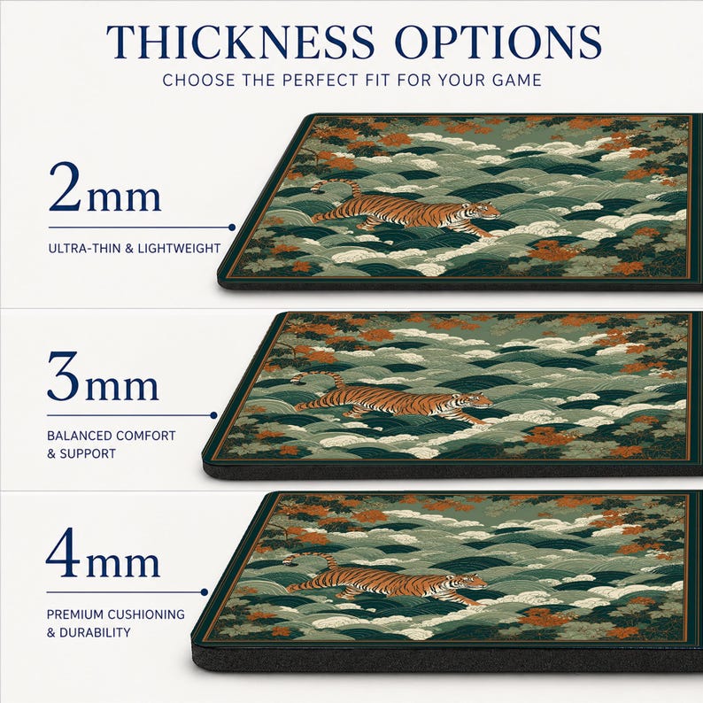 May include: A rectangular desk mat featuring a tiger walking through stylised green waves and orange foliage. The image displays three thickness options: 2mm labelled ultra-thin and lightweight, 3mm labelled balanced comfort and support, and 4mm labelled premium cushioning and durability.