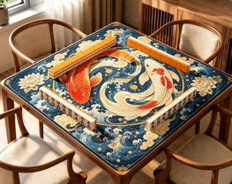 Koi Yin Yang Mahjong Mat, Lotus Pond Mahjong Table Mat, Blue Chinoiserie Mahjong Mat, Non Slip Jacquard Game Mat, Oriental Style Gift