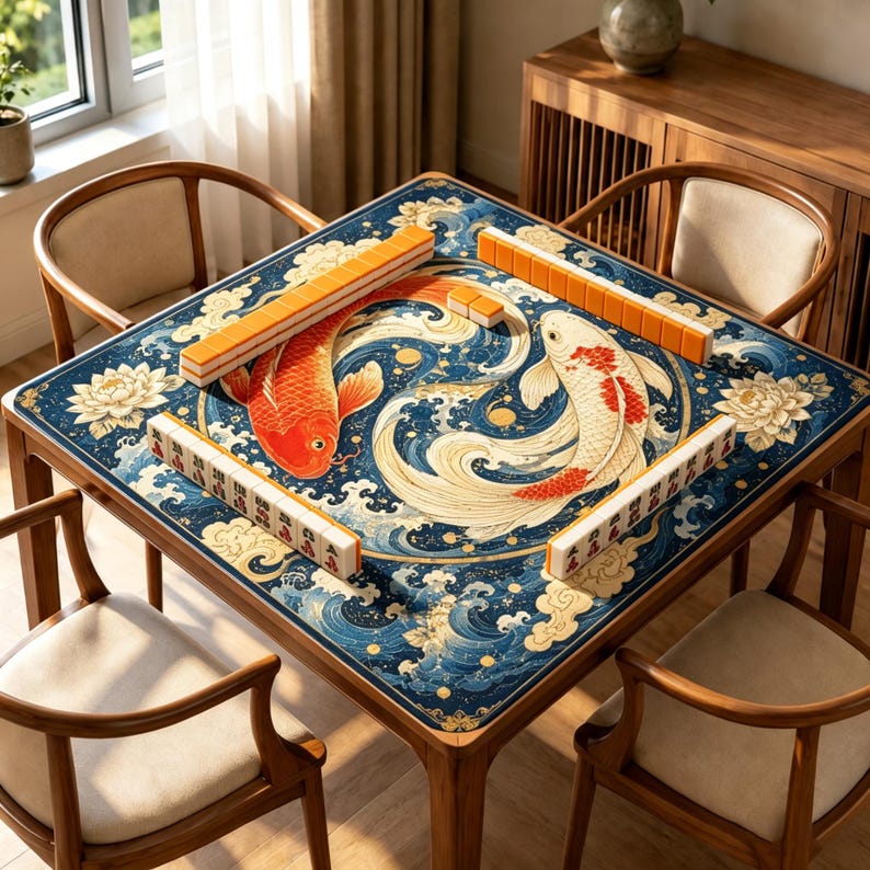 May include: A square mahjong table featuring a blue mat with a circular design of two koi fish, one red and one white, surrounded by stylized waves and lotus flowers. The table is set with orange and white mahjong tiles arranged in rows.