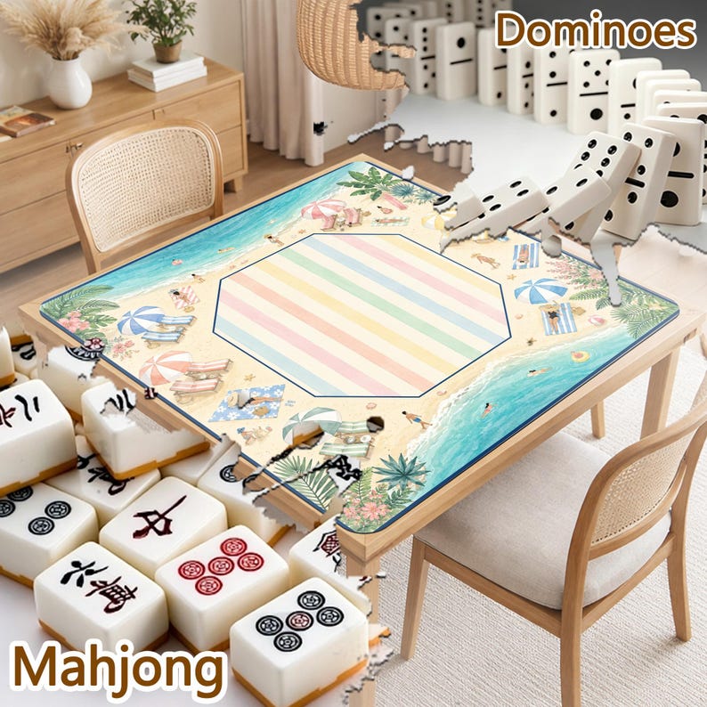 May include: A square game table featuring a beach-themed surface with sand, ocean waves, palm trees, and umbrellas. The center has a pastel striped octagon. White mahjong tiles with black and red symbols are arranged around the table edges.