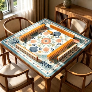 May include: A square mahjong table featuring a play mat with a floral and seashell pattern in shades of blue, orange, and white. The mat is surrounded by four wooden chairs and displays rows of orange and white mahjong tiles arranged on the surface.