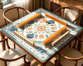 Coastal Seashell Mahjong Mat, Coral Floral Game Table Cover, Non Slip Jacquard Board Game Mat, Beach House Mahjong Gift
