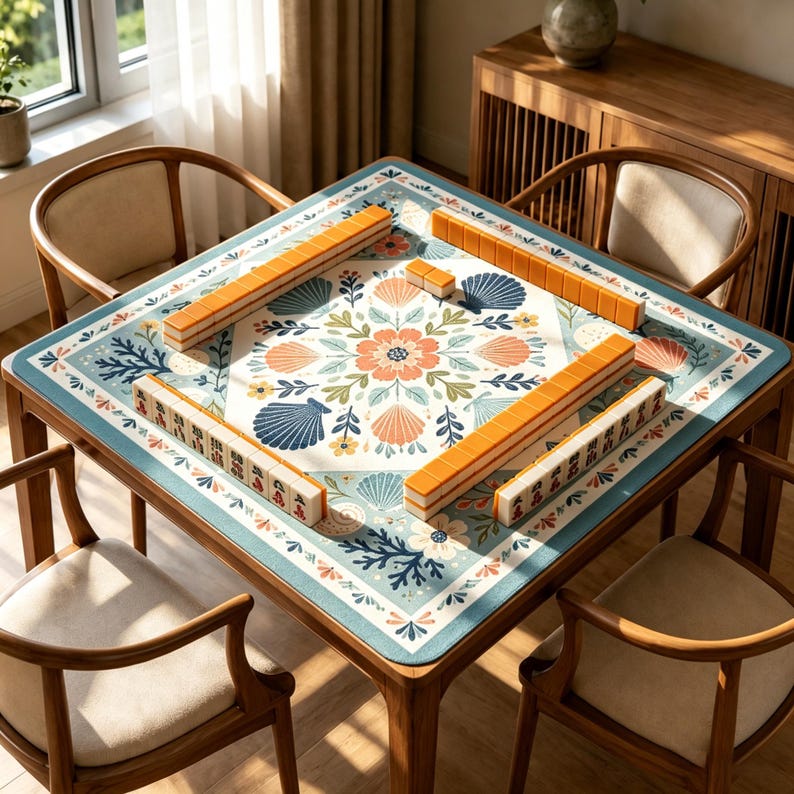 May include: A square mahjong table featuring a play mat with a floral and seashell pattern in shades of blue, orange, and white. The mat is surrounded by four wooden chairs and displays rows of orange and white mahjong tiles arranged on the surface.