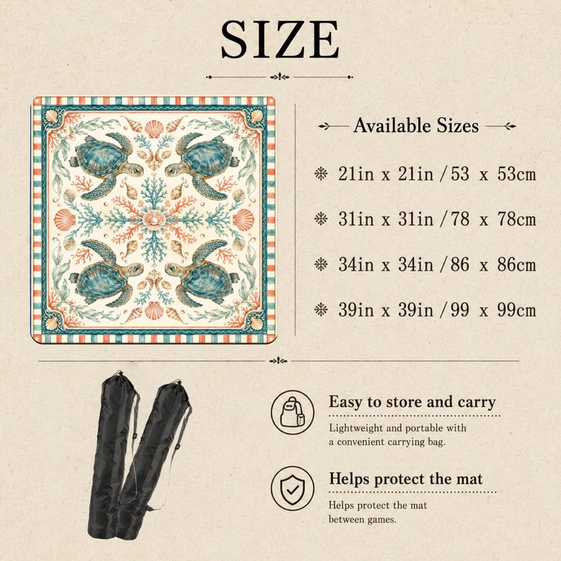 Puede incluir: Una alfombra cuadrada con un patr&oacute;n de tortugas marinas y corales con borde a rayas. El texto incluye SIZE, Available Sizes, 53 x 53cm, 78 x 78cm, 86 x 86cm, 99 x 99cm, Easy to store and carry y Helps protect the mat con dos bolsas negras.