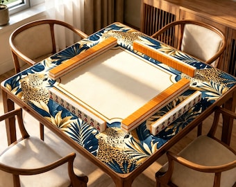 Tapis de mahjong jungle léopard, housse de table de jeu palmiers tropicaux, tapis de jeu de société jacquard antidérapant, cadeau de mahjong animal de safari