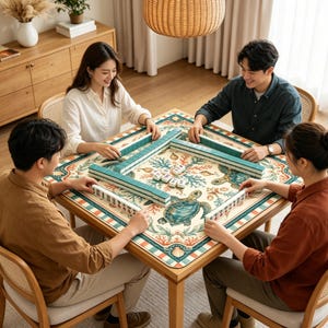 Puede incluir: Una mesa de mahjong cuadrada cubierta con un tapete color crema con un patr&oacute;n de tortuga marina y arrecife de coral. Cuatro personas est&aacute;n sentadas alrededor de la mesa, dispuesta con fichas de mahjong color turquesa en un per&iacute;metro.