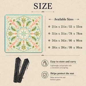 May include: A square mat featuring a tropical botanical pattern with palm leaves, flowers, and a central compass star. Text lists sizes: 21in x 21in, 31in x 31in, 34in x 34in, and 39in x 39in. Includes two black carrying bags for storage and protection.