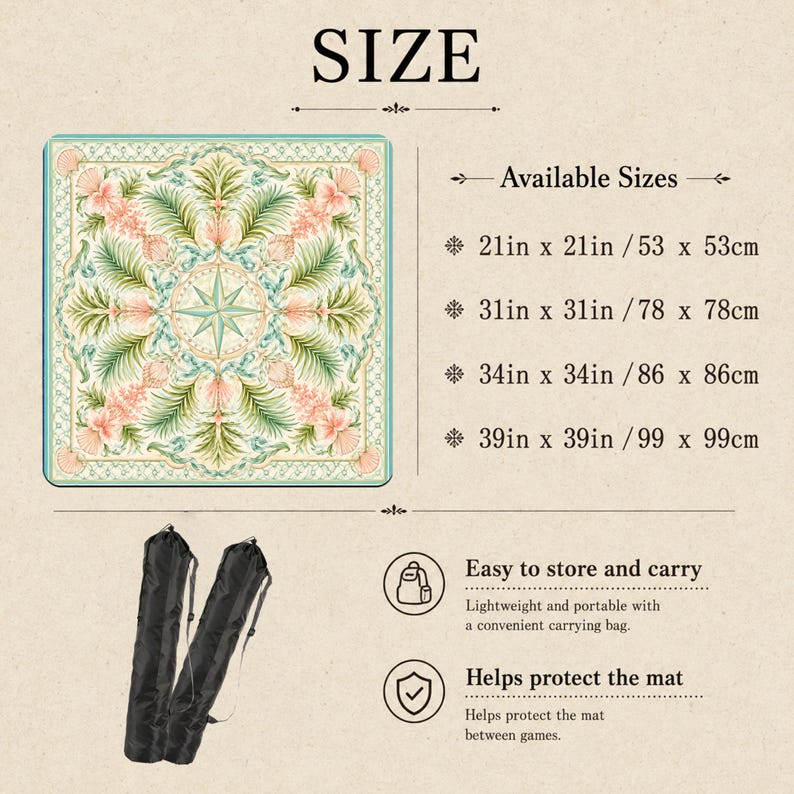 May include: A square mat featuring a tropical botanical pattern with palm leaves, flowers, and a central compass star. Text lists sizes: 21in x 21in, 31in x 31in, 34in x 34in, and 39in x 39in. Includes two black carrying bags for storage and protection.