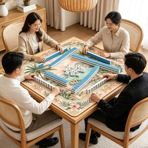 May include: A square mahjong table mat featuring a tropical landscape print with palm trees and hibiscus flowers. The mat is covered with blue mahjong tiles arranged in rows and a central cluster of white tiles with black character markings.