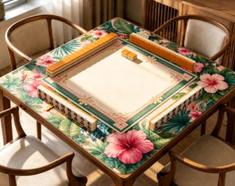 Tropical Parrot Mahjong Mat, Pink Floral Pagoda Mahjong Table Mat, Chinoiserie Palm Game Mat, Non Slip Mah Jongg Gift for Her