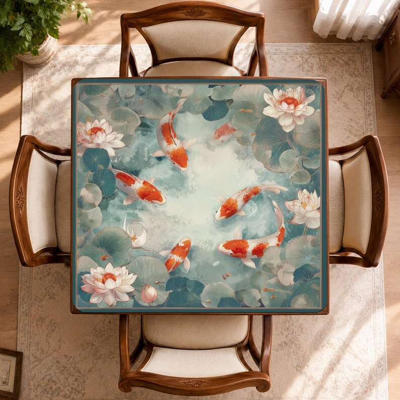 Peut inclure: Une table carr&eacute;e dont le plateau est orn&eacute; d'une sc&egrave;ne d'&eacute;tang. Le motif repr&eacute;sente plusieurs carpes ko&iuml; orange et blanches nageant parmi de grands n&eacute;nuphars verts et des fleurs de lotus rose p&acirc;le sur un fond d'eau bleu clair et blanc.