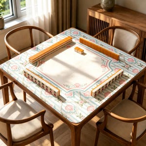 May include: A square mahjong table featuring a light blue and white striped mat with a floral and seashell pattern. The mat has a central cream-coloured area and is surrounded by four wooden chairs with beige cushions. Mahjong tiles are arranged.