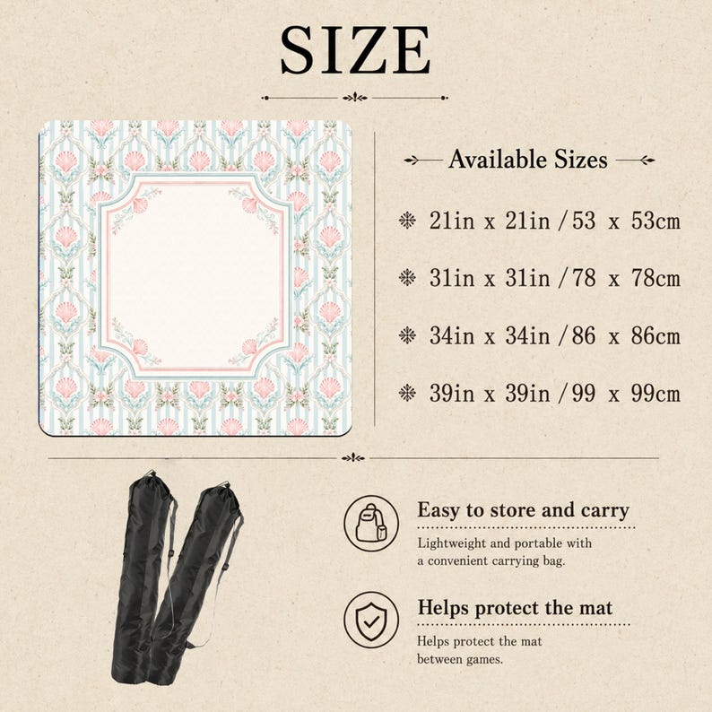 May include: A square mat featuring a light blue and white striped pattern with pink shell motifs and a central blank frame. The text lists available sizes in cm: 53 x 53cm, 78 x 78cm, 86 x 86cm, and 99 x 99cm, alongside two black carrying bags.