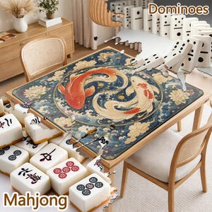 Koi Yin Yang Mahjong Mat, Lotus Pond Mahjong Table Mat, Blue Chinoiserie Mahjong Mat, Non Slip Jacquard Game Mat, Oriental Style Gift image 3