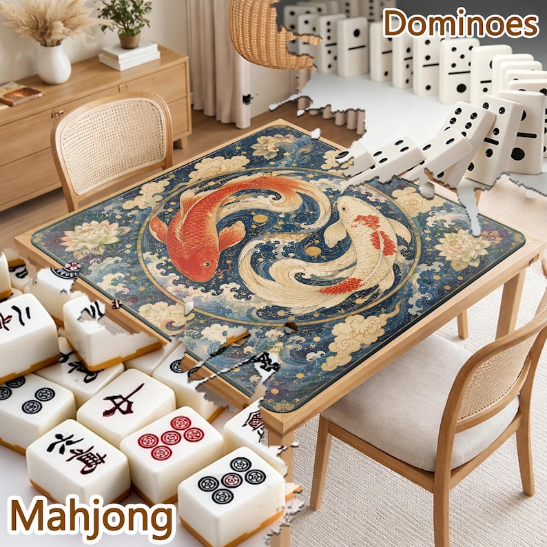 Koi Yin Yang Mahjong Mat, Lotus Pond Mahjong Table Mat, Blue Chinoiserie Mahjong Mat, Non Slip Jacquard Game Mat, Oriental Style Gift image 3