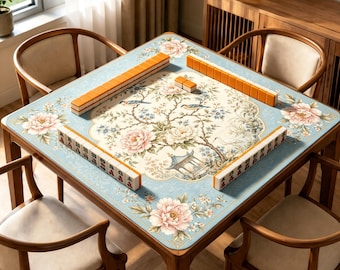 Blue Chinoiserie Mahjong Mat, Peony Bird Garden Game Mat, Non Slip Table Mat Gift