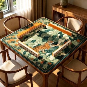 May include: A square wooden mahjong table featuring a green felt mat with a tiger illustration and stylised wave patterns. Four wooden chairs with beige cushions surround the table, which is set with orange and white mahjong tiles.