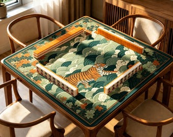 Tiger Mahjong Mat, Japanese Wave Cloud Game Table Cover, Non Slip Jacquard Board Game Mat, Oriental Mahjong Gift