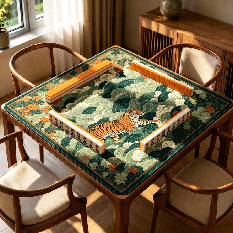 May include: A square wooden mahjong table featuring a green felt mat with a tiger illustration and stylised wave patterns. Four wooden chairs with beige cushions surround the table, which is set with orange and white mahjong tiles.