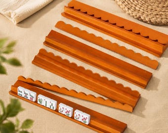 A set of 4 wooden mahjong tiles and a tile pusher, a solid wood mahjong tile tray, a mini mahjong domino game night gift.