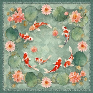 Pu&ograve; includere: Foulard quadrato con un disegno ad acquerello di pesci koi che nuotano in uno stagno con ninfee e fiori di loto rosa. Il bordo &egrave; verde acqua a fantasia.