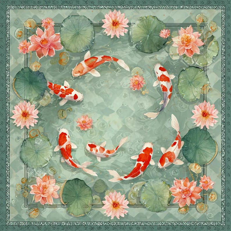 Pu&ograve; includere: Foulard quadrato con un disegno ad acquerello di pesci koi che nuotano in uno stagno con ninfee e fiori di loto rosa. Il bordo &egrave; verde acqua a fantasia.