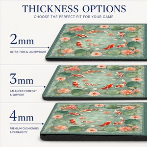 Pu&ograve; includere: Tappetino da gioco rettangolare con un design a laghetto di koi, con pesci rossi e bianchi, fiori di loto rosa e ninfee su sfondo verde acqua. L'immagine mostra tre opzioni di spessore: 2 mm, 3 mm e 4 mm, con testo.