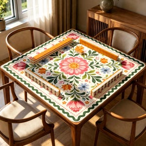 Op de afbeelding: Een vierkante mahjong-tafelmat met een wit oppervlak, voorzien van een grote roze bloem in het midden, omringd door groene bladeren en kleinere oranje en blauwe bloemaccenten. De rand heeft een geschulpt groen patroon met mahjong-tegels.