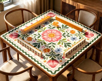 Folk Floral Mahjong Mat, Colorful Cottage Garden Game Mat, Non Slip Table Mat Gift