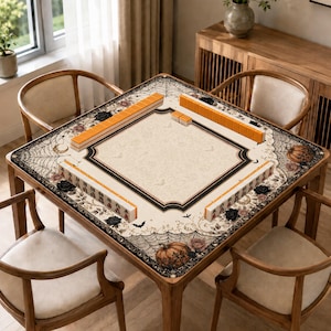 Halloween Mahjong Mat, Gothic Floral Game Mat, Non Slip Pumpkin Spiderweb Table Mat
