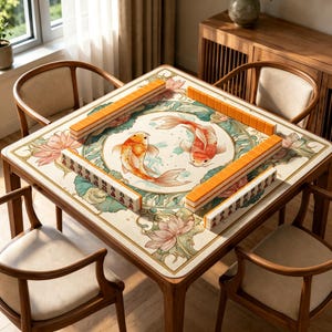 May include: A square wooden table with four chairs, featuring a mahjong mat with a central circular design of two orange and red koi fish surrounded by green lotus leaves and pink flowers, with mahjong tiles arranged along the four edges.