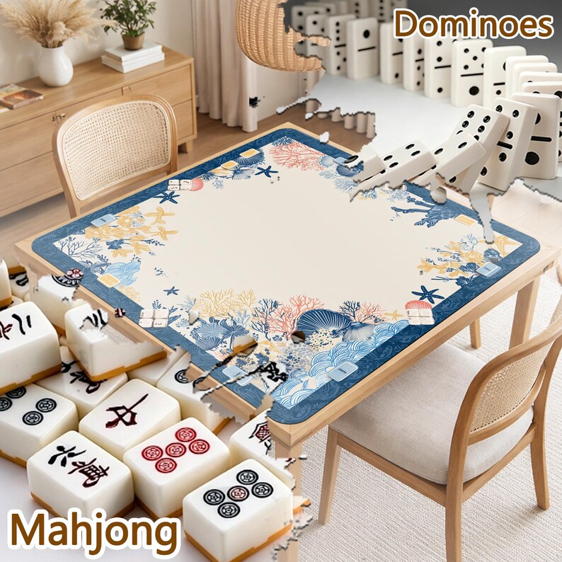 May include: A wooden table with a cream-colored surface, decorated with a blue border and marine-themed illustrations. The image features Mahjong tiles and dominoes, suggesting a game room setting. The word "Mahjong" is displayed at the bottom.