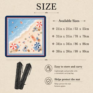 May include: A square beach-themed mat featuring a blue ocean, sandy shore, umbrellas, and people, with text listing sizes 21in x 21in, 31in x 31in, 34in x 34in, and 39in x 39in. Includes two black carrying bags for storage and protection.