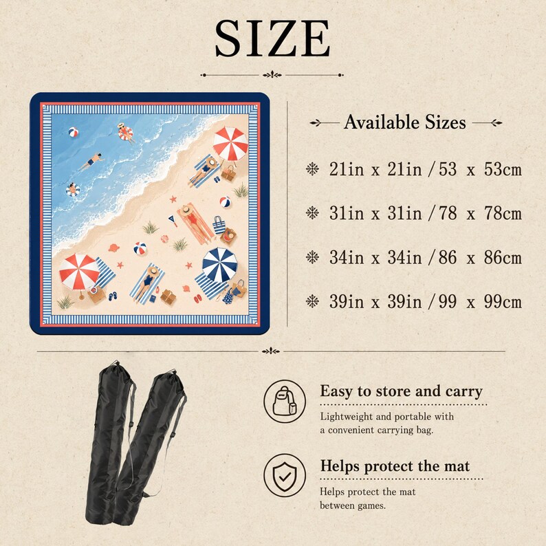 May include: A square beach-themed mat featuring a blue ocean, sandy shore, umbrellas, and people, with text listing sizes 21in x 21in, 31in x 31in, 34in x 34in, and 39in x 39in. Includes two black carrying bags for storage and protection.