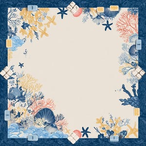 May include: A square, cream-colored board game with a blue border and corner pieces. The corners and edges are decorated with illustrations of seashells, starfish, and coral in shades of blue, yellow, and coral. The game pieces are white with blue and yellow markings.