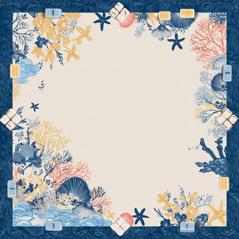 May include: A square, cream-colored board game with a blue border and corner pieces. The corners and edges are decorated with illustrations of seashells, starfish, and coral in shades of blue, yellow, and coral. The game pieces are white with blue and yellow markings.
