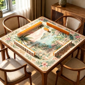 May include: A square mahjong table featuring a printed mat with a tropical coastal scene, including palm trees, flowers, and a sea view. The table is surrounded by four wooden chairs with beige cushions and holds orange and white mahjong tiles.