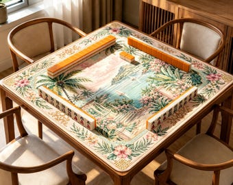 Coastal Palm Mahjong Mat, Tropical Island Seascape Game Mat, Pink Floral Mahjong Table Mat, Grandmillennial Beach House Gift